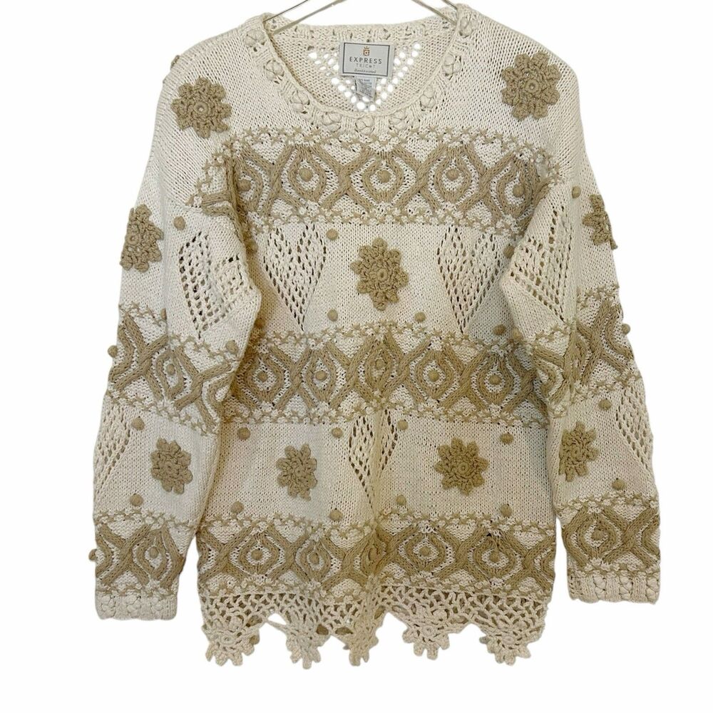 VTG Express Tricot Chunky Hand Knitted Sweater Sz M Neutral Y2K Ramie Cotton